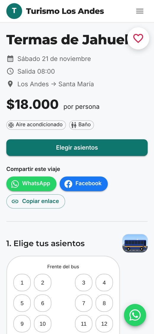 Página de un viaje en el celular, con el botón Elegir asientos y el plano del bus